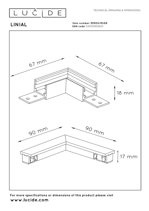 Lucide Premium LINIAL Conector en L & Carril superior - Sistema de carril monofásico / Iluminación con rieles -Cromo Negro mate - técnico